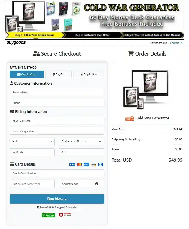 Cold War Generator Order Page